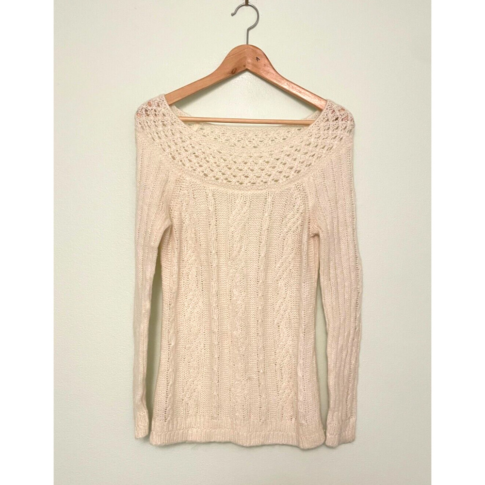 LOFT Sweater Womens M White Mohair Blend Boatneck Crochet Trim Cable Knit Warm